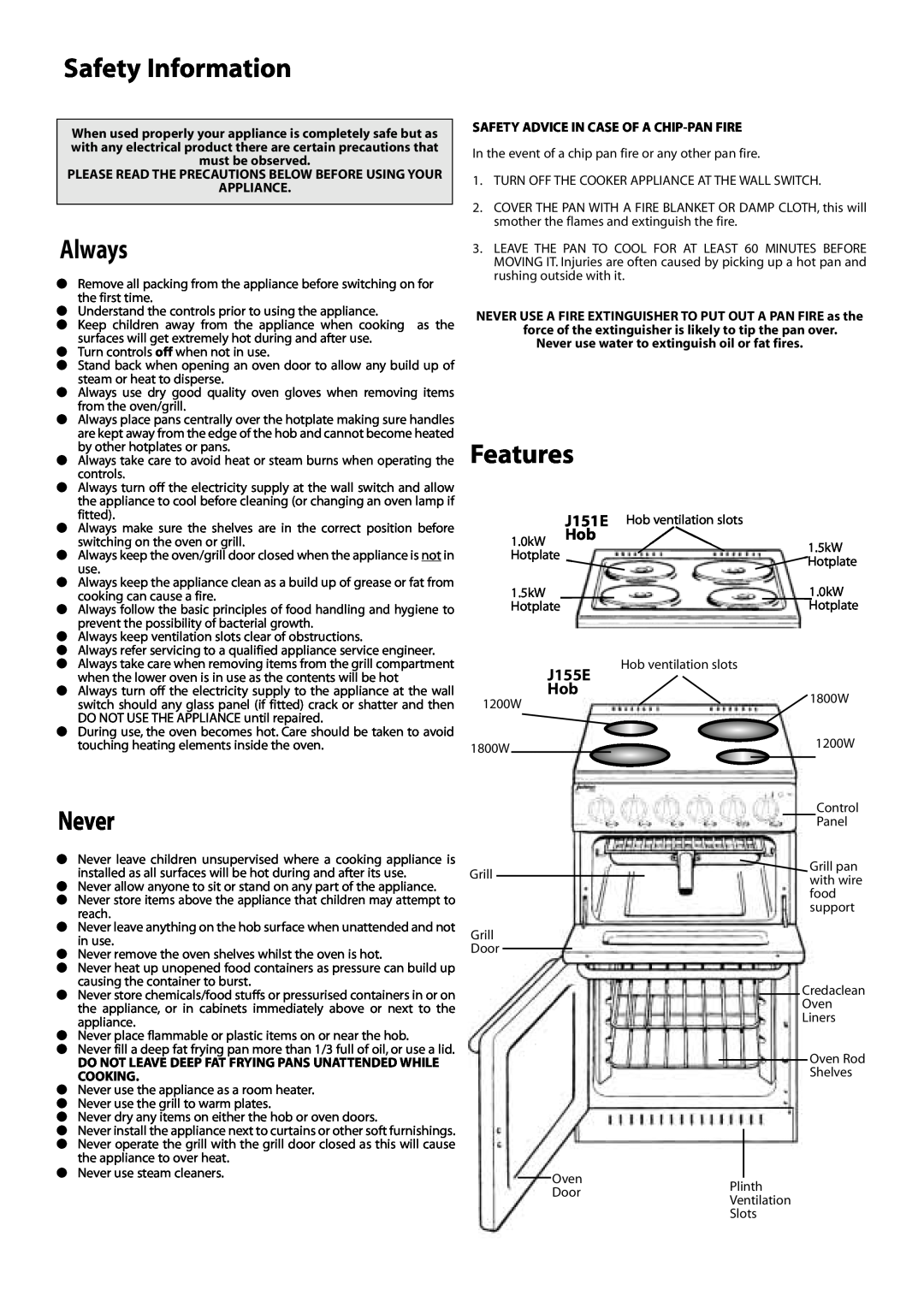 Creda J151E installation instructions Safety Information, Always, Never, Features, J155E 