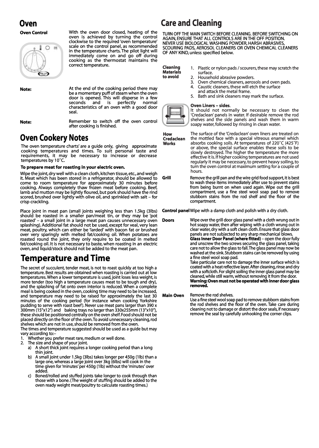 Creda J151E installation instructions Care and Cleaning, Oven Cookery Notes, Temperature and Time 