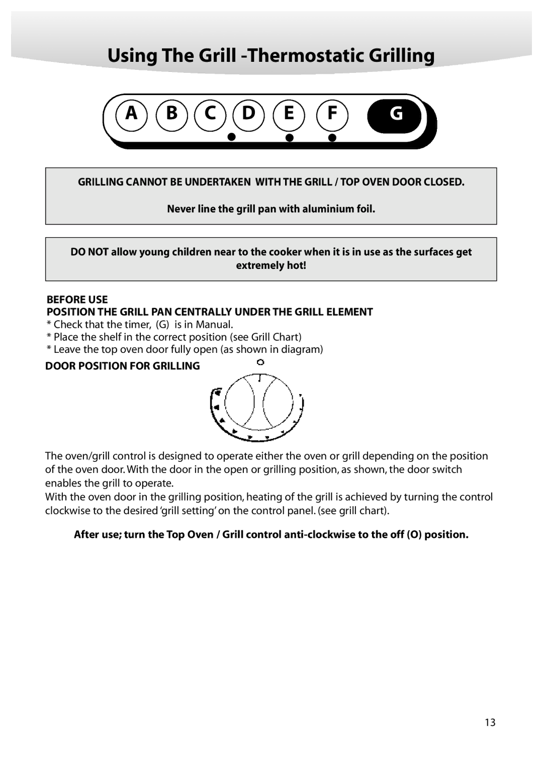 Creda M350E manual Using The Grill -Thermostatic Grilling, Door Position for Grilling 
