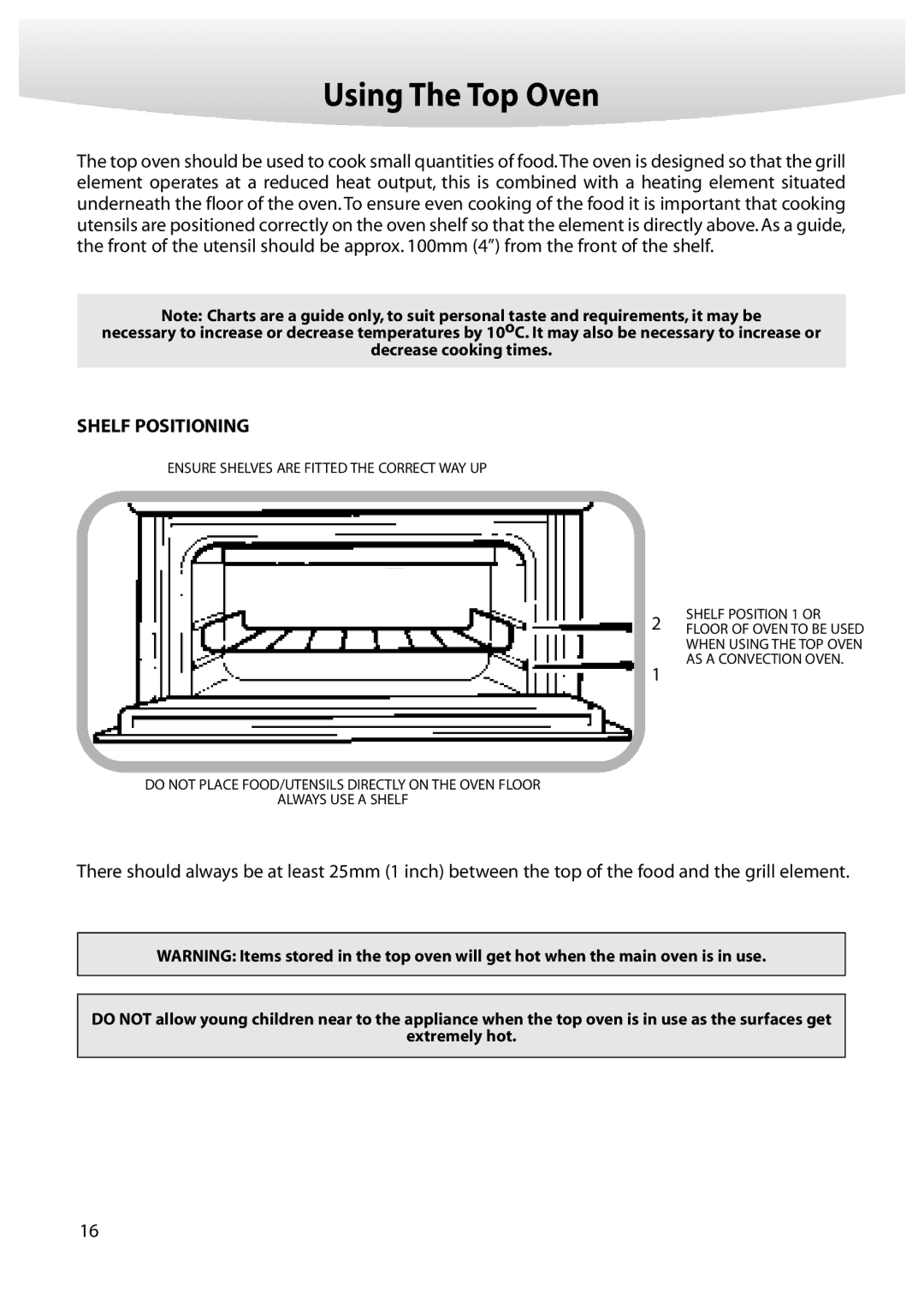 Creda M350E manual Using The Top Oven, Shelf Positioning 