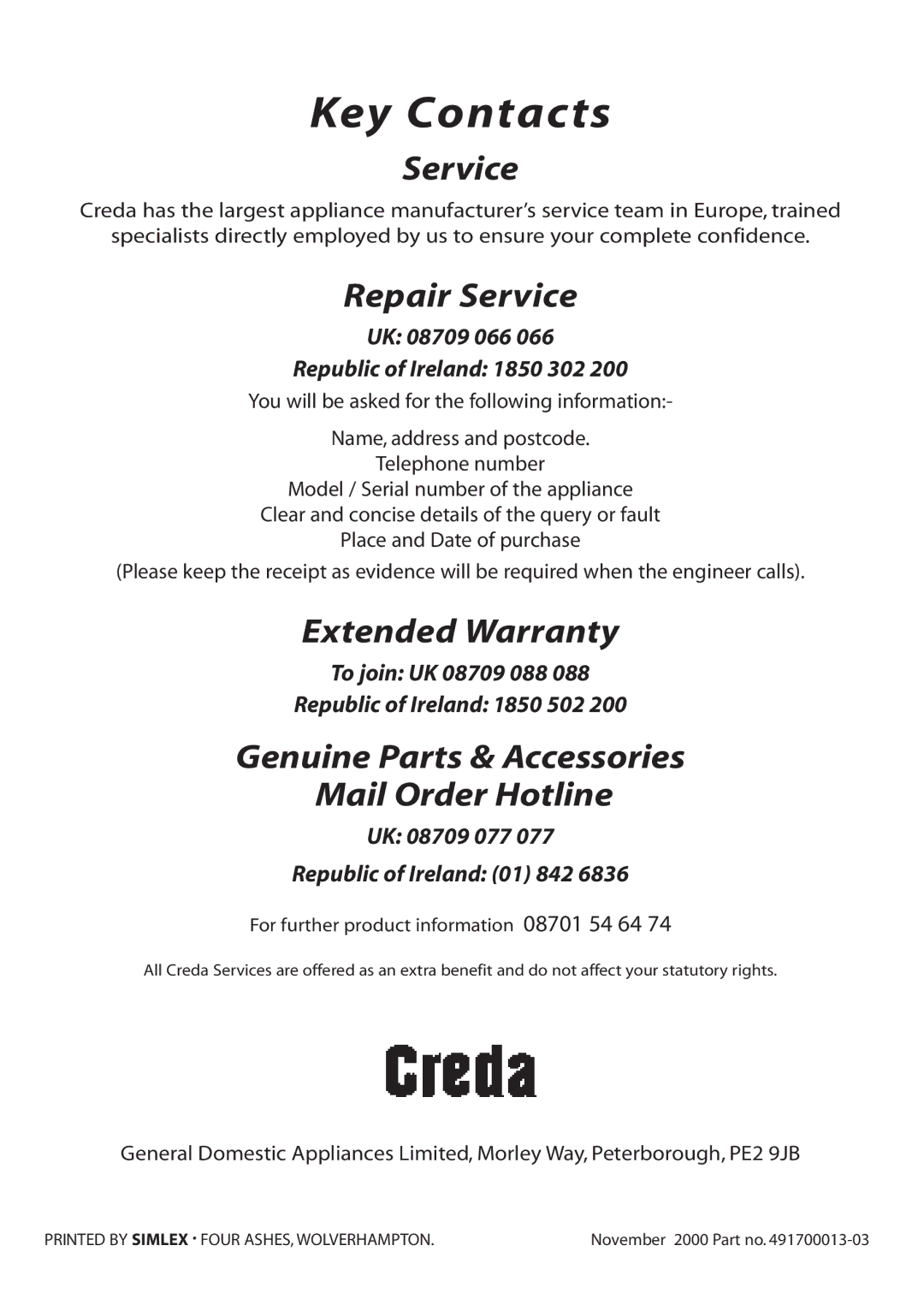 Creda M350E manual Key Contacts 