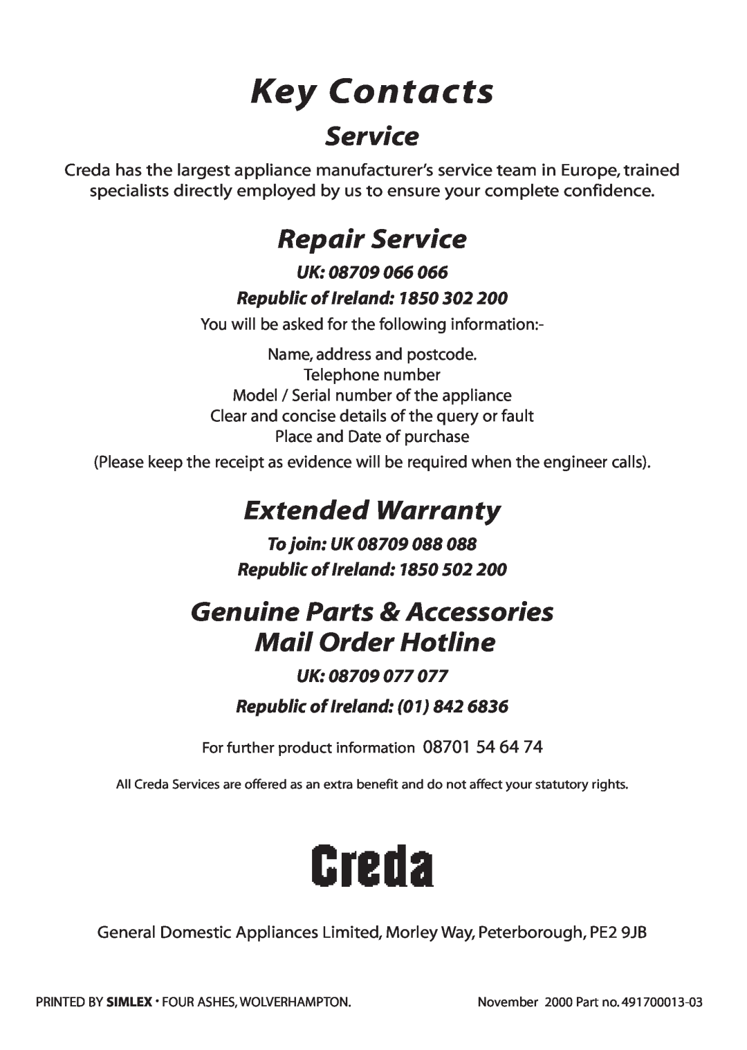 Creda M350E manual Key Contacts, Repair Service, Extended Warranty, Genuine Parts & Accessories Mail Order Hotline 