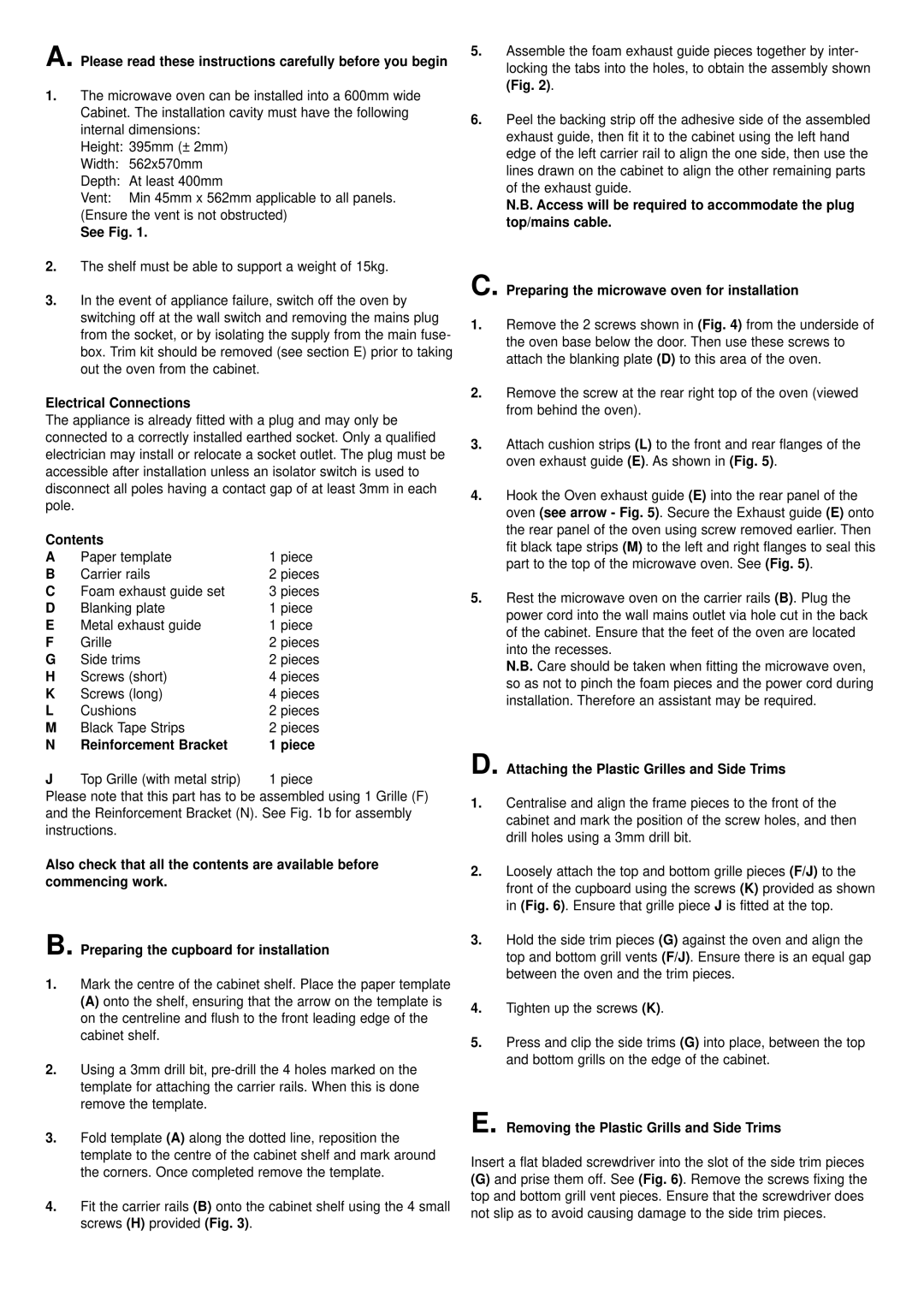 Creda MBO50 Please read these instructions carefully before you begin, See Fig, Electrical Connections, Side trims 