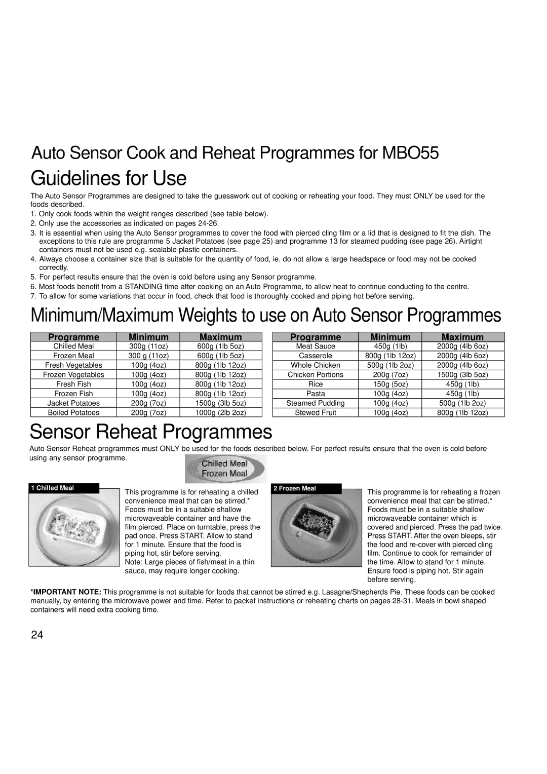 Creda MBO55 manual Sensor Reheat Programmes, Minimum/Maximum Weights to use on Auto Sensor Programmes 