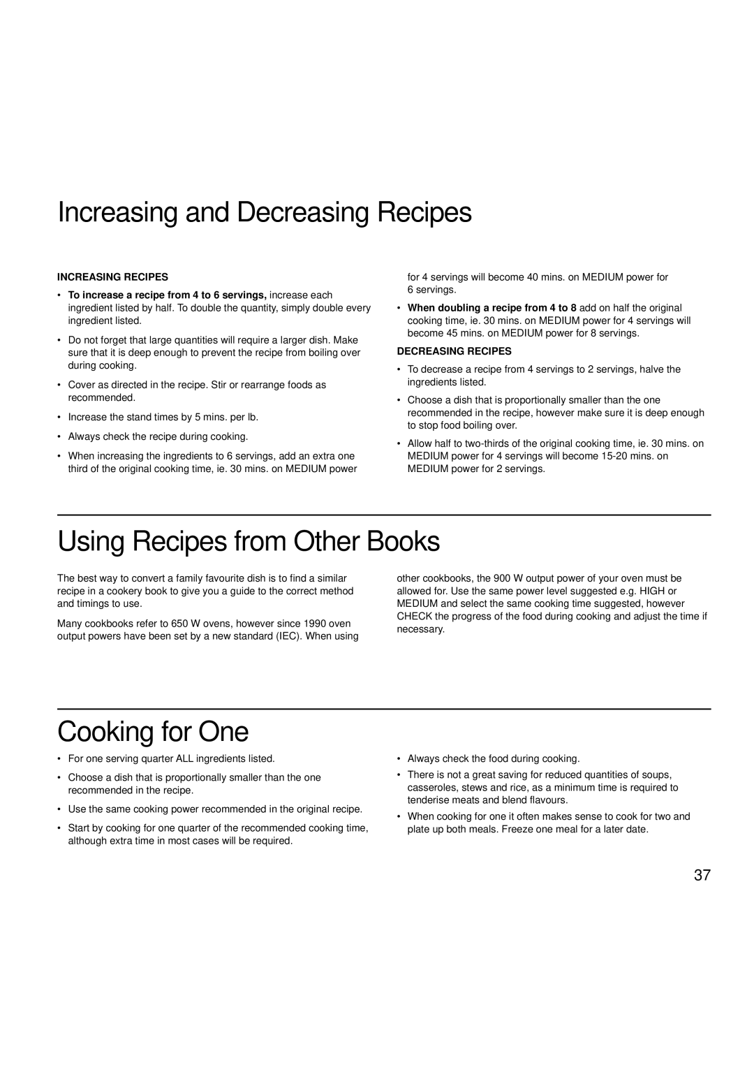 Creda MBO55 manual Increasing and Decreasing Recipes, Using Recipes from Other Books, Cooking for One, Increasing Recipes 