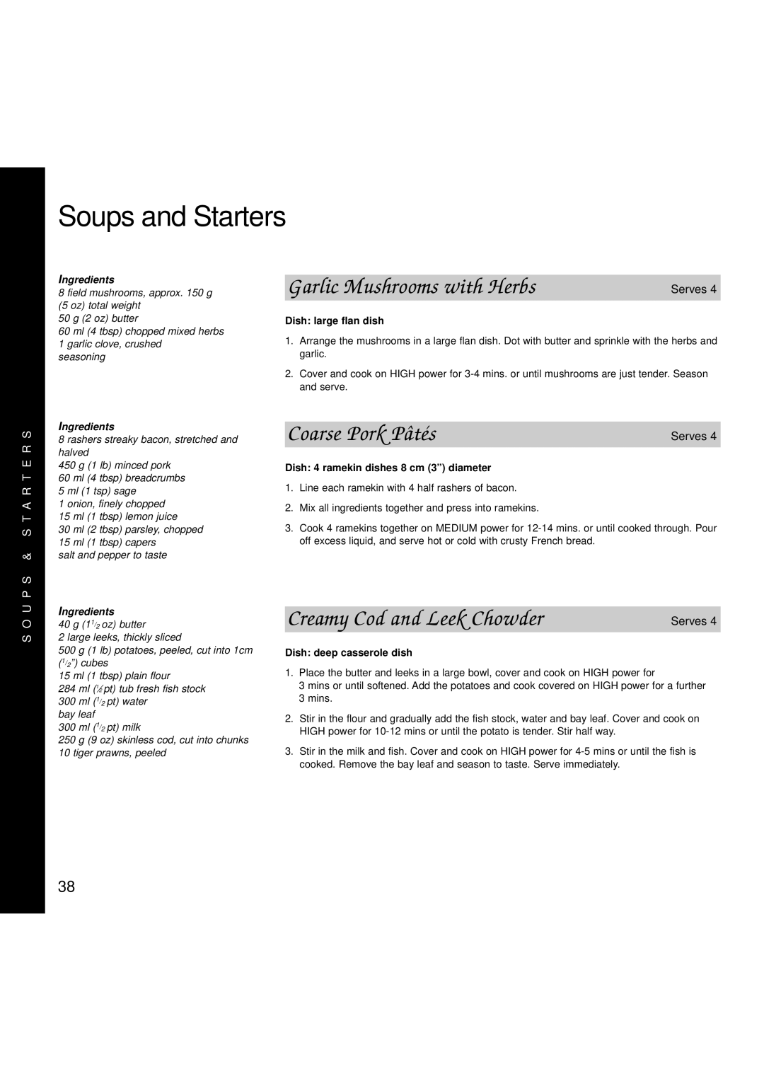 Creda MBO55 Soups and Starters, Garlic Mushrooms with Herbs, Coarse Pork Pâtés, Creamy Cod and Leek Chowder, Ingredients 