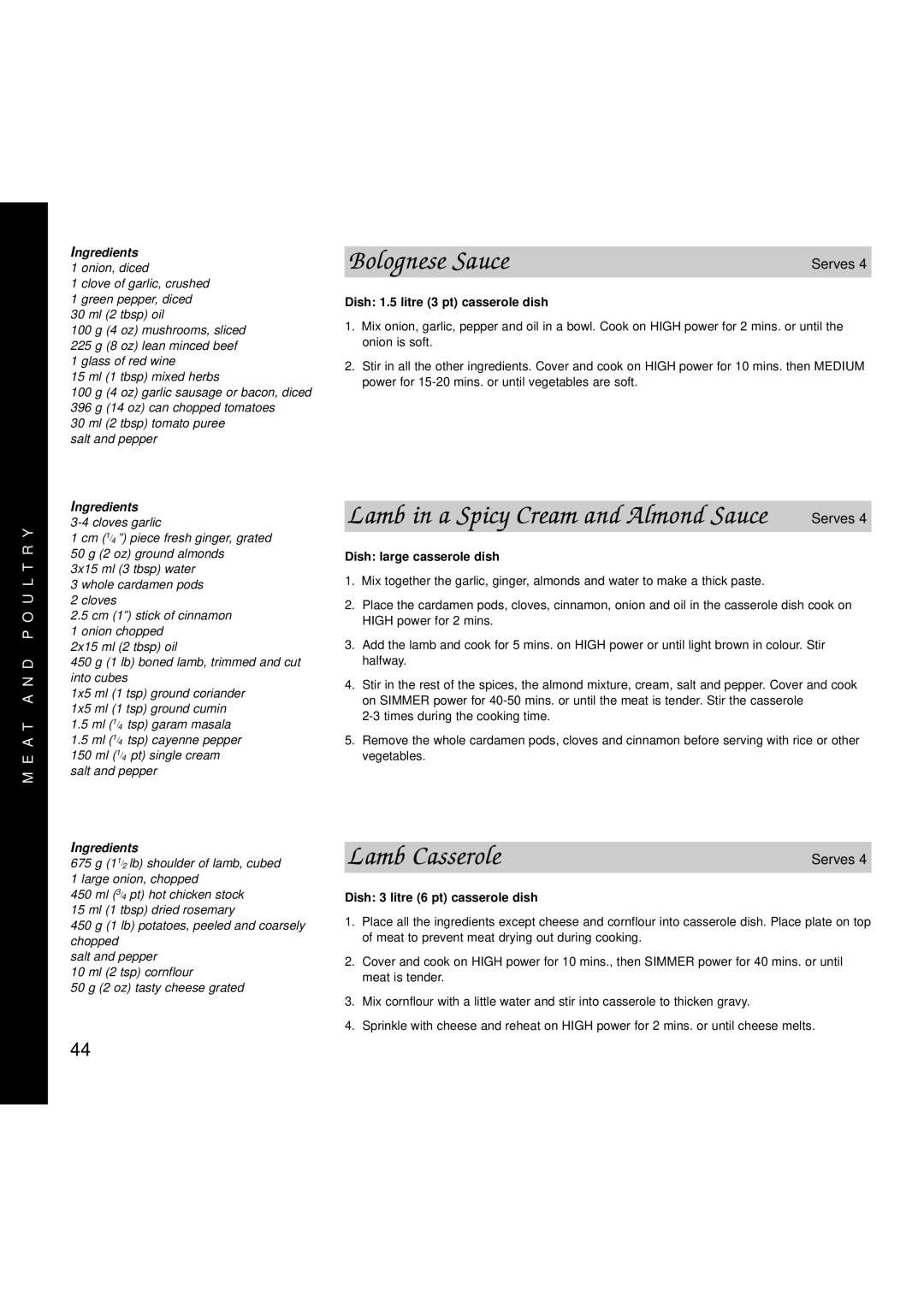 Creda MBO55 manual Bolognese Sauce, Lamb Casserole, Dish 1.5 litre 3 pt casserole dish, Dish large casserole dish 