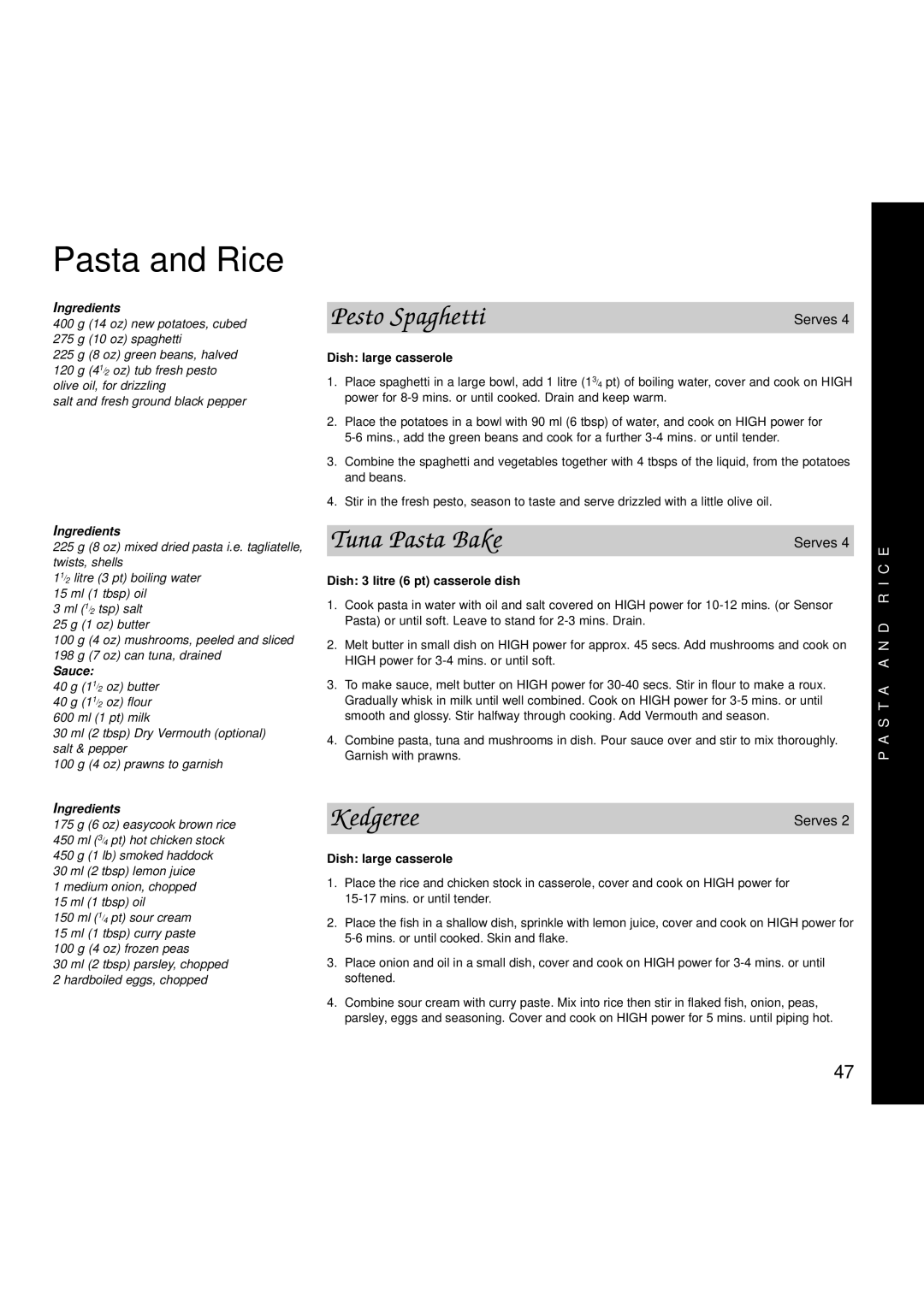 Creda MBO55 manual Pasta and Rice, Pesto Spaghetti, Tuna Pasta Bake, Kedgeree 