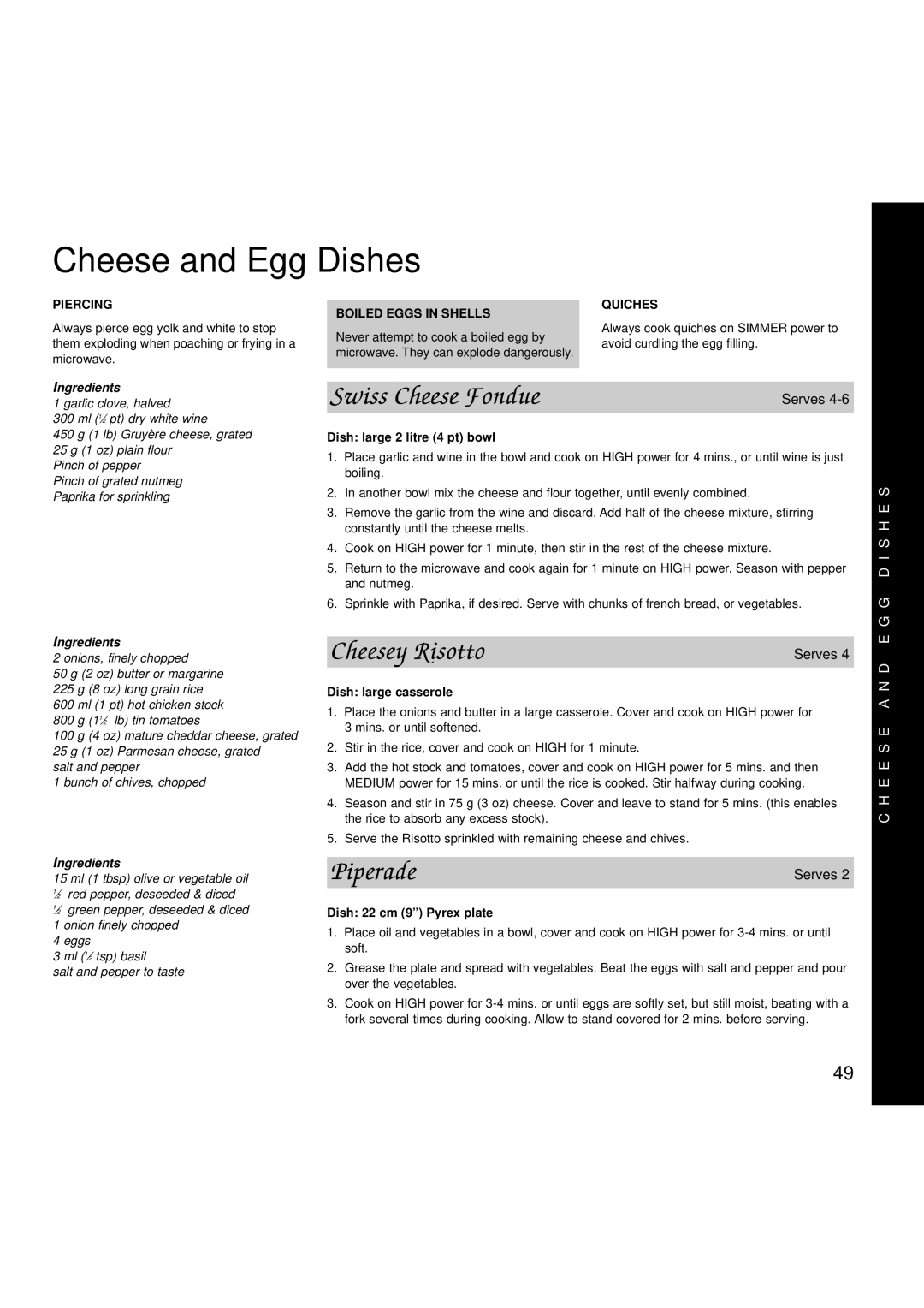 Creda MBO55 manual Cheese and Egg Dishes, Swiss Cheese Fondue, Cheesey Risotto, Piperade, Boiled Eggs in Shells Quiches 