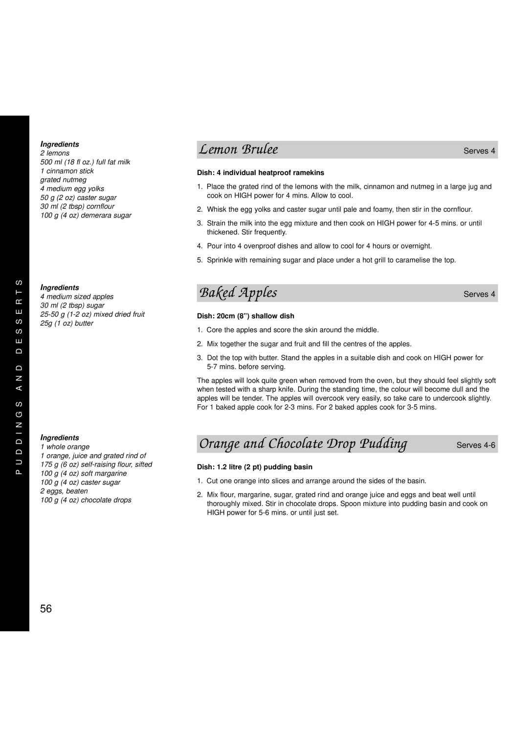 Creda MBO55 manual Lemon Brulee, Baked Apples, Orange and Chocolate Drop Pudding 
