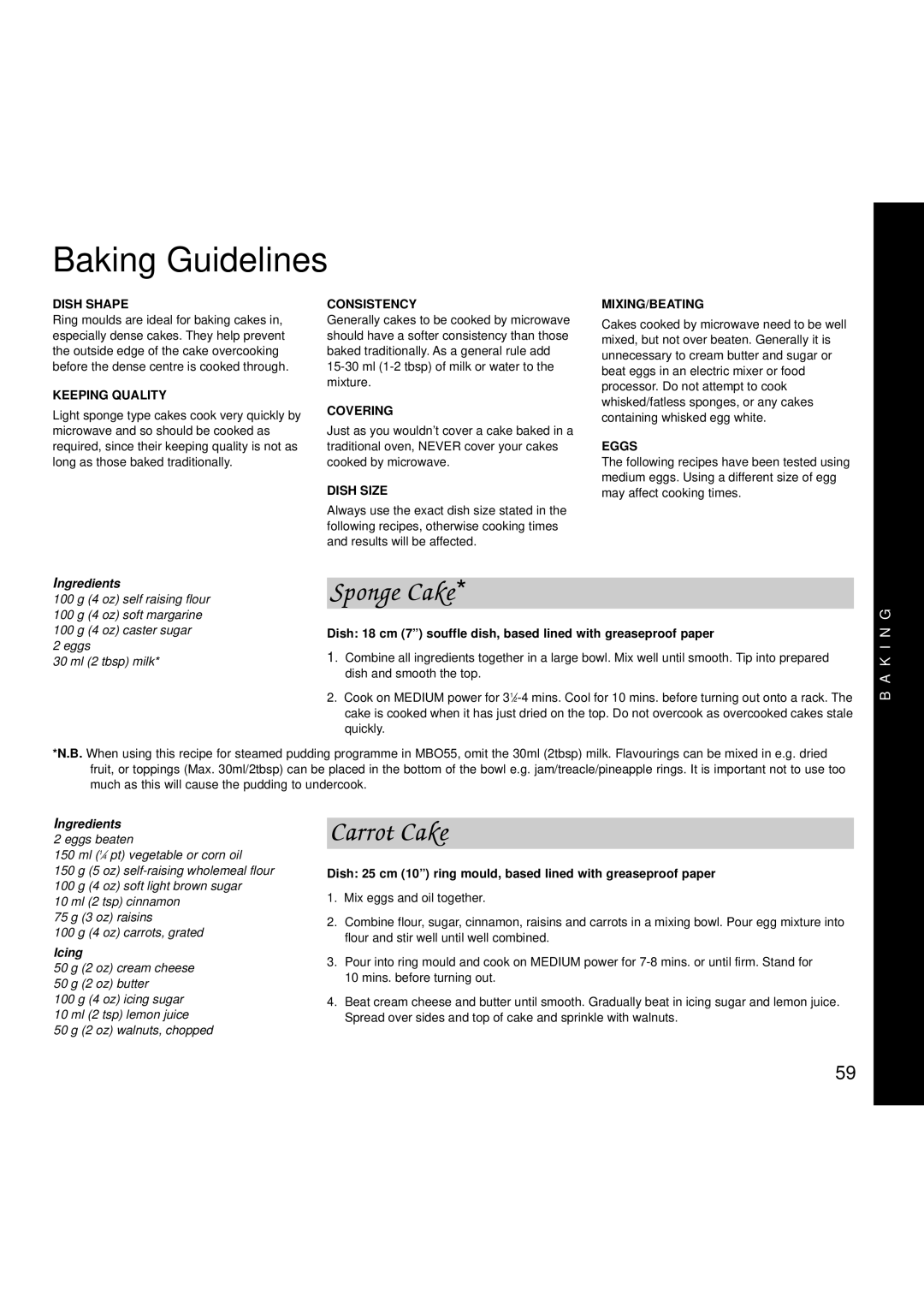 Creda MBO55 manual Baking Guidelines, Sponge Cake, Carrot Cake, Icing 