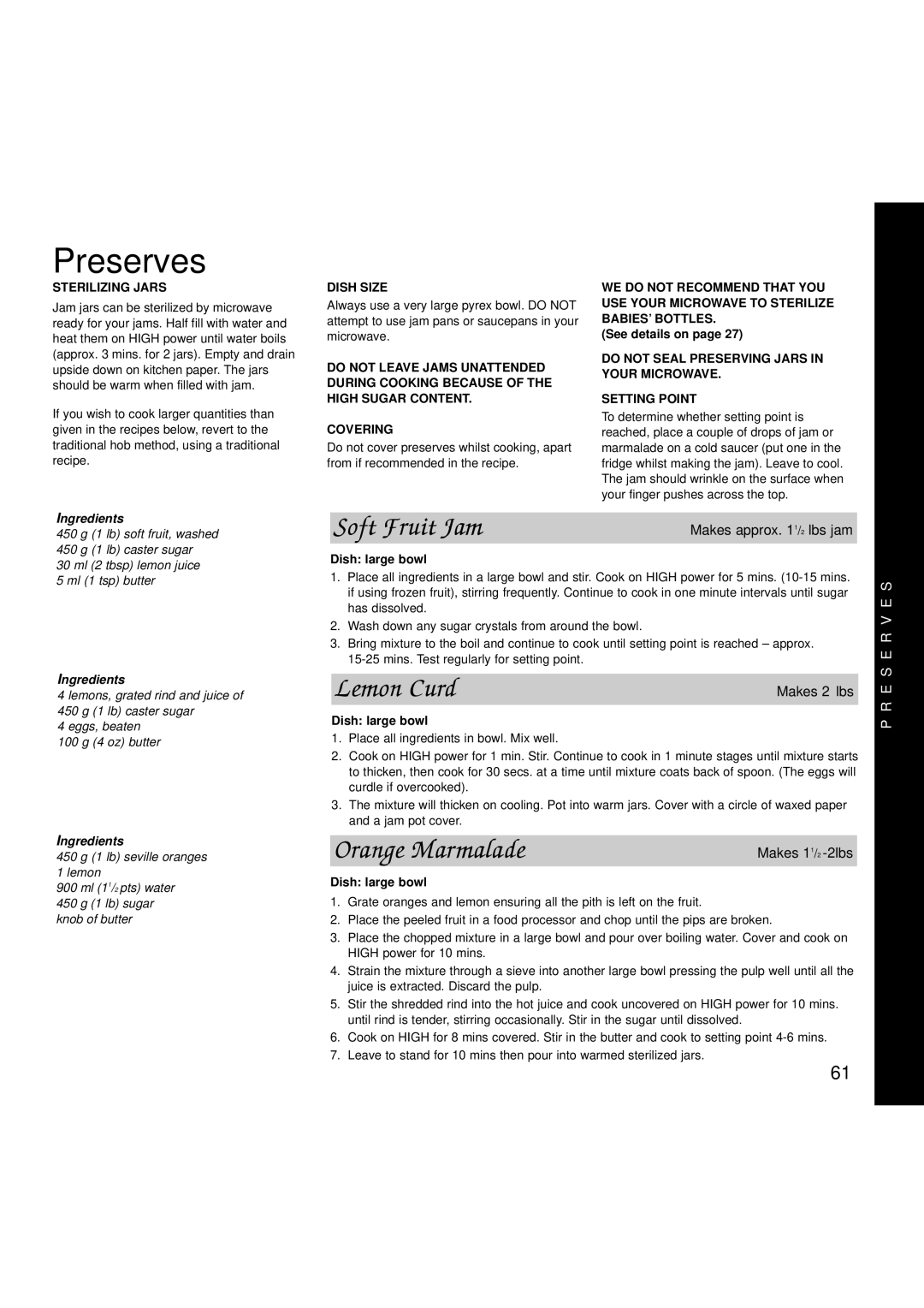 Creda MBO55 manual Preserves, Soft Fruit Jam, Lemon Curd, Orange Marmalade 