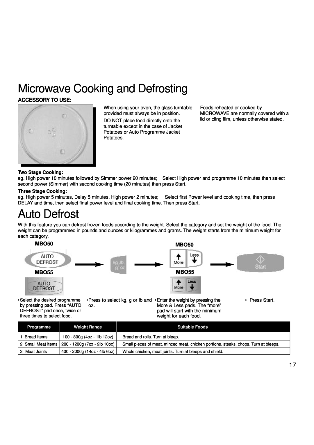 Creda MBO55 manual Auto Defrost, Accessory To Use, MBO50, Microwave Cooking and Defrosting, Two Stage Cooking 