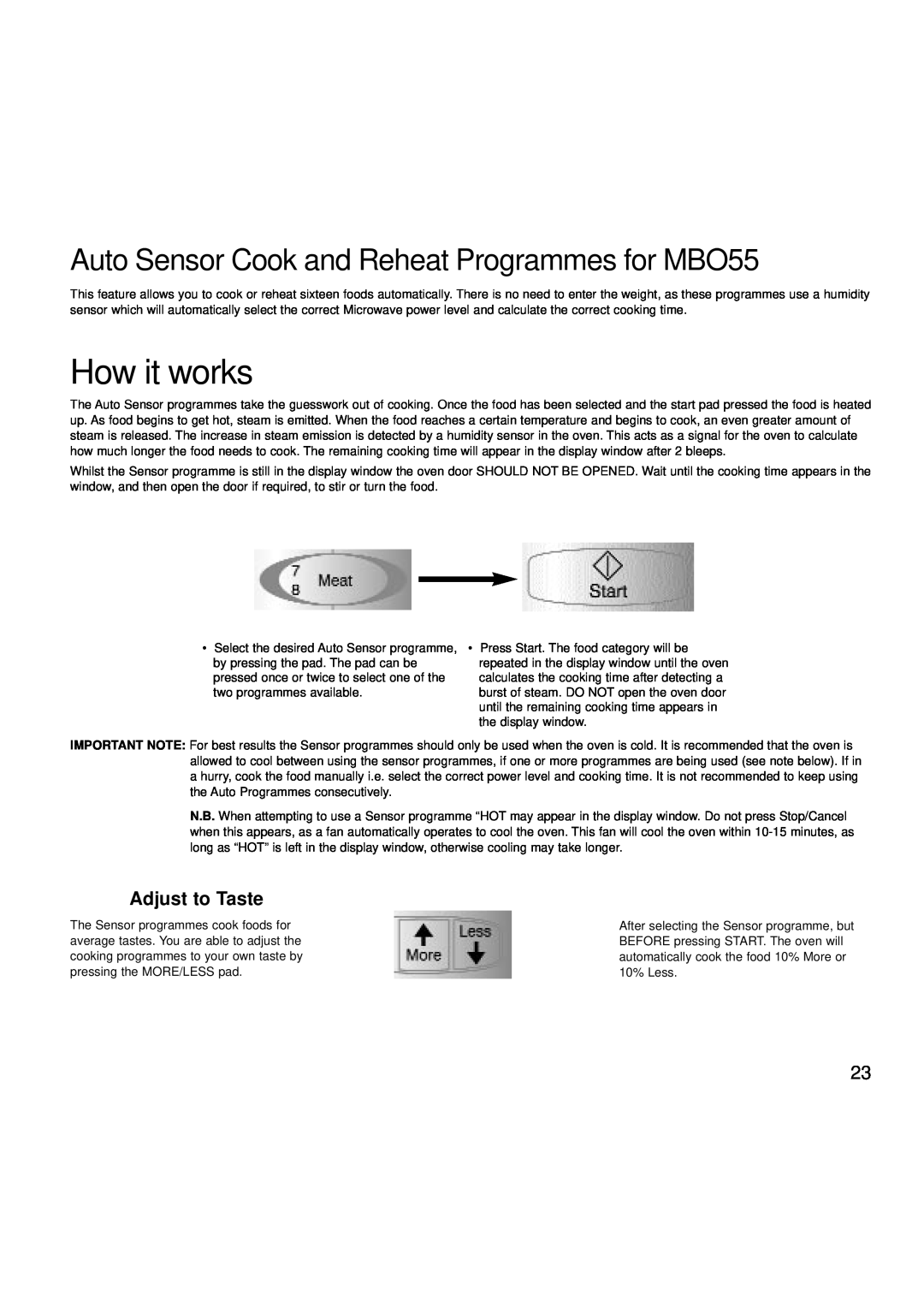 Creda manual How it works, Auto Sensor Cook and Reheat Programmes for MBO55, Adjust to Taste 