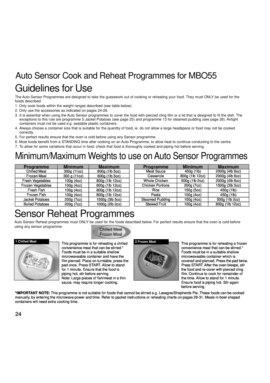 Creda MBO55 manual Sensor Reheat Programmes, Guidelines for Use, Minimum/Maximum Weights to use on Auto Sensor Programmes 