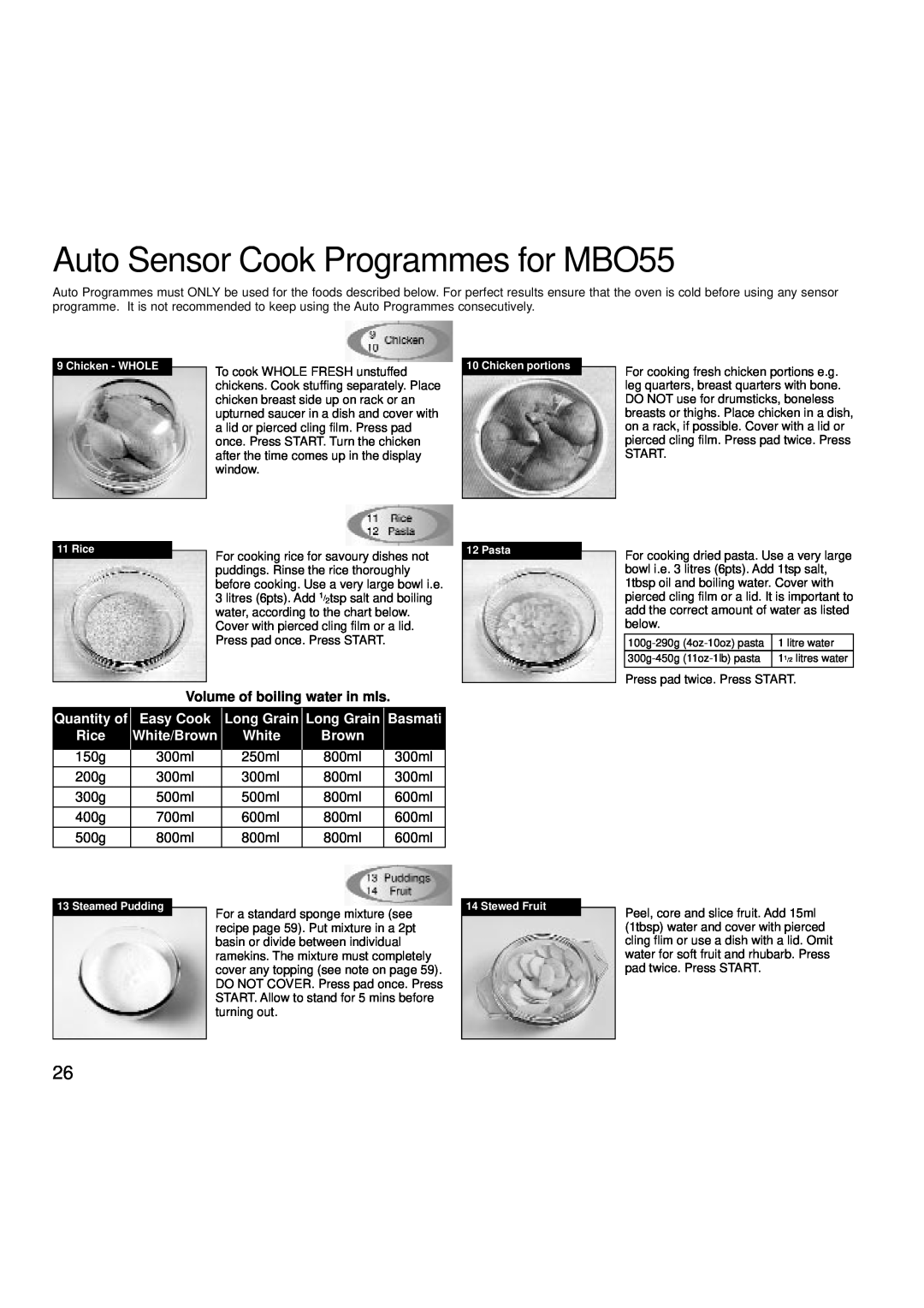 Creda Auto Sensor Cook Programmes for MBO55, Volume of boiling water in mls, Quantity of, Easy Cook, Rice, White/Brown 