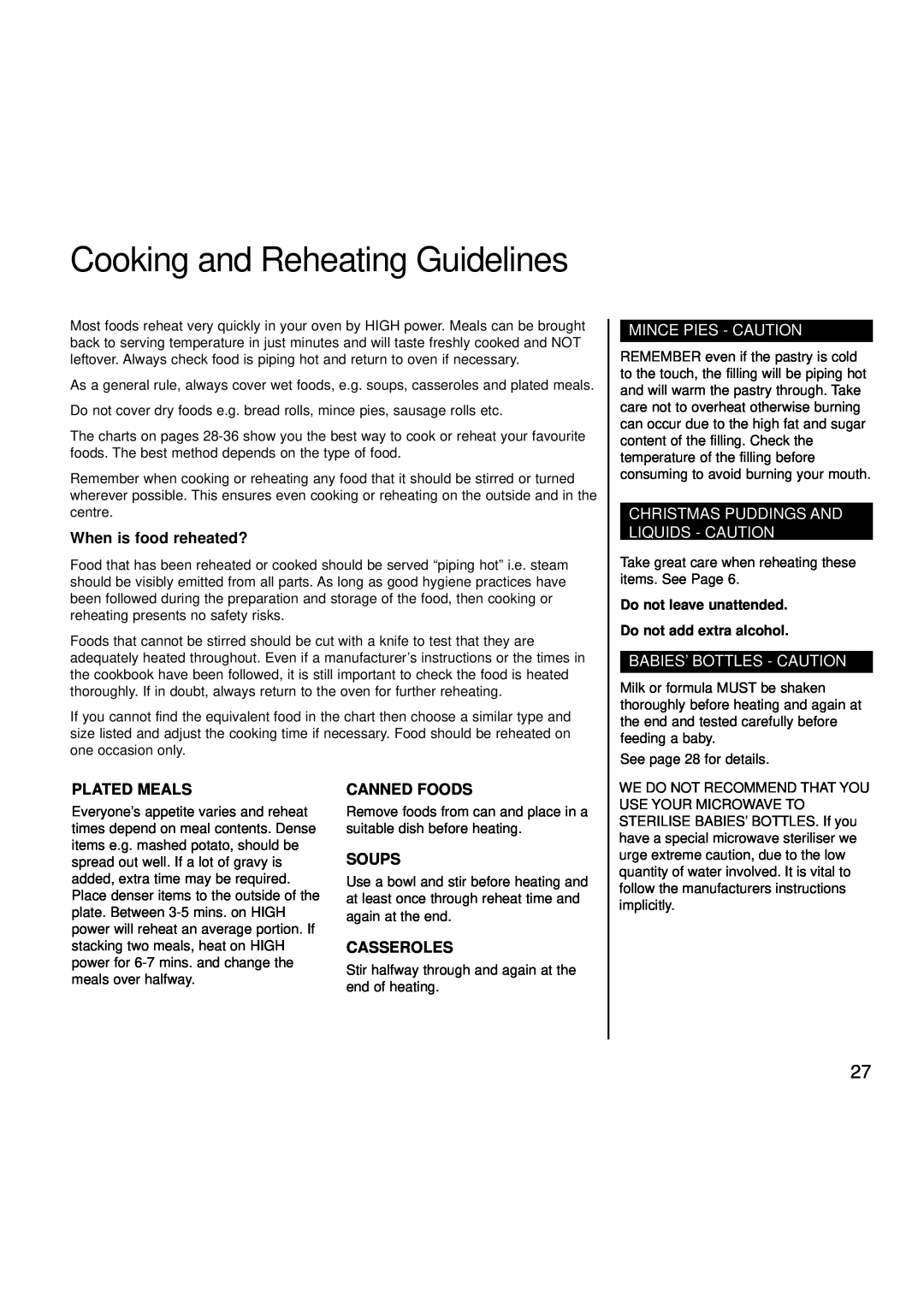 Creda MBO55 Cooking and Reheating Guidelines, When is food reheated?, Mince Pies - Caution, Babies’ Bottles - Caution 