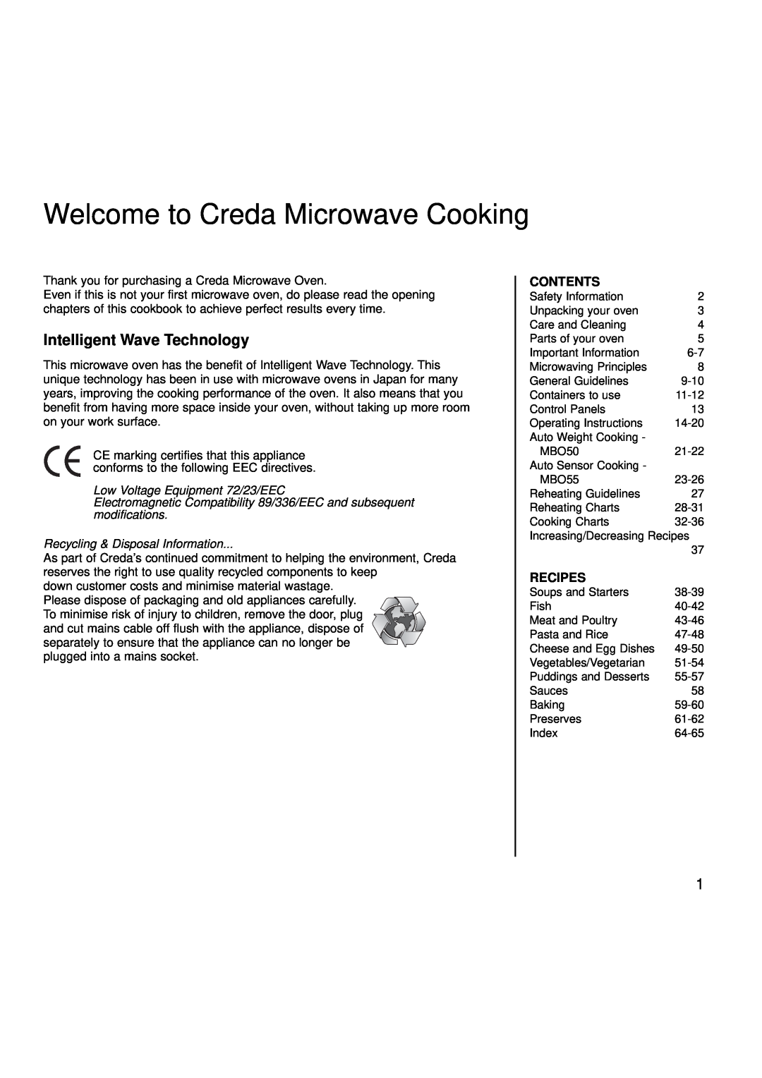 Creda MBO55 manual Welcome to Creda Microwave Cooking, Intelligent Wave Technology, Contents, Recipes 