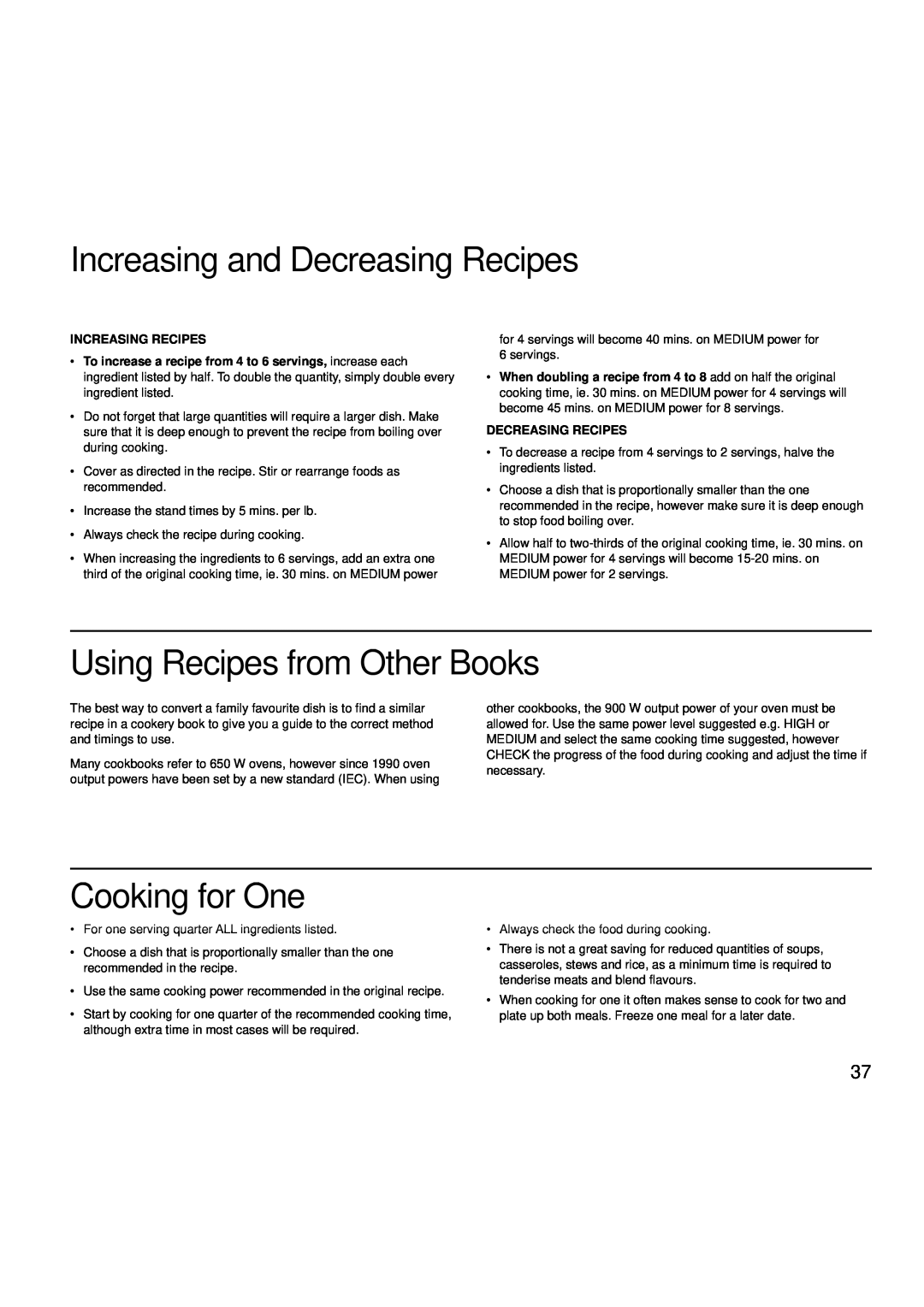 Creda MBO55 manual Increasing and Decreasing Recipes, Using Recipes from Other Books, Cooking for One, Increasing Recipes 