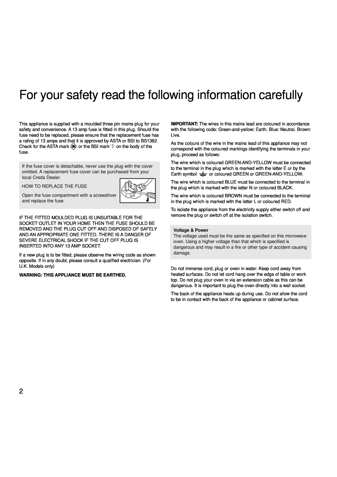 Creda MBO55 manual For your safety read the following information carefully, Warning This Appliance Must Be Earthed 