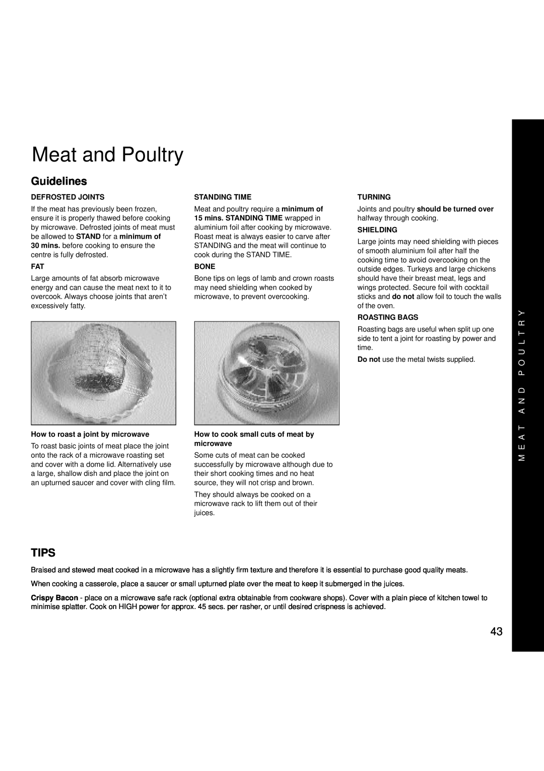 Creda MBO55 manual Meat and Poultry, Guidelines, Tips, M E A T A N D P O U L T R Y, Defrosted Joints, Standing Time, Bone 