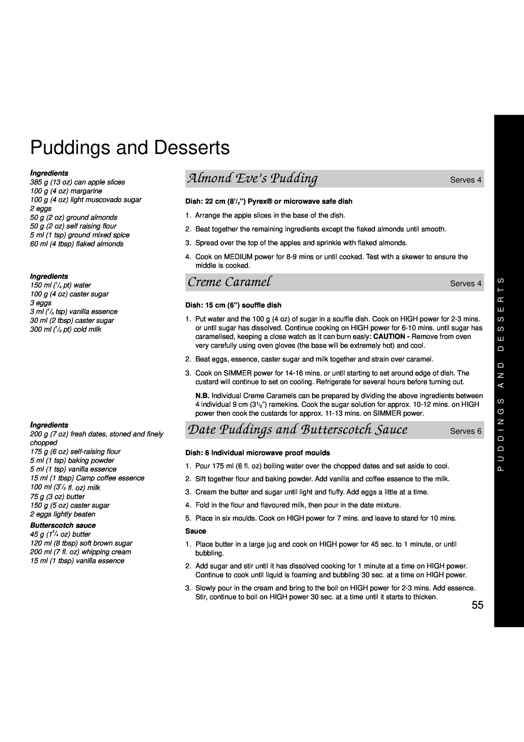 Creda MBO55 Puddings and Desserts, Almond Eve’s Pudding, Creme Caramel, Date Puddings and Butterscotch Sauce, Ingredients 