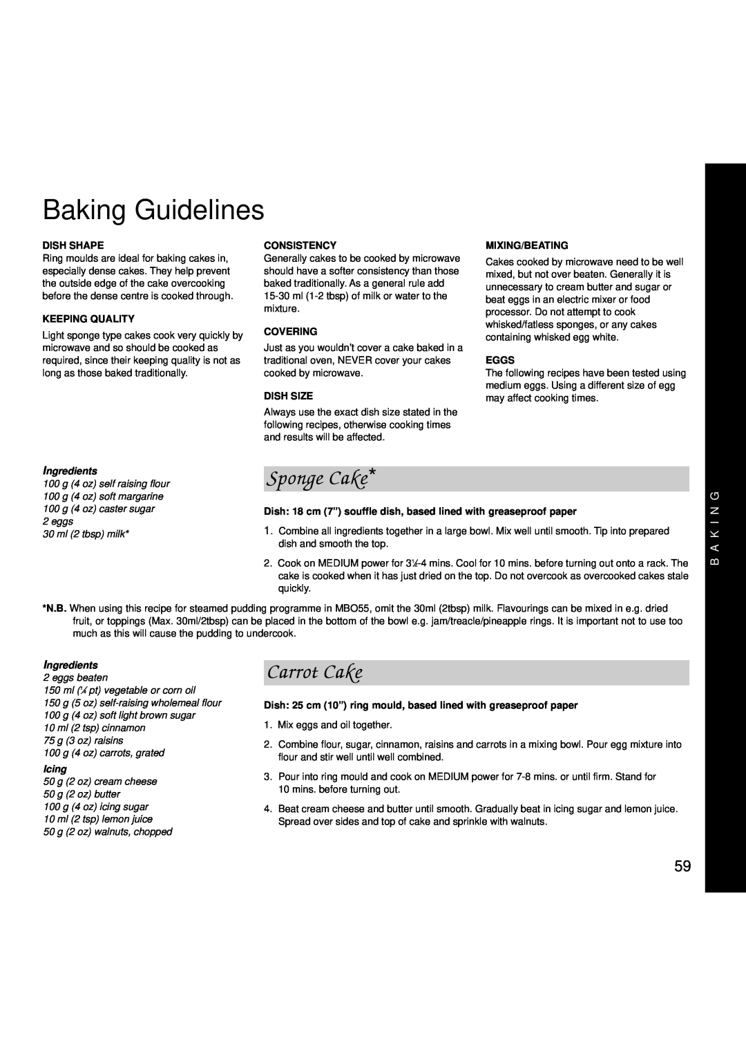 Creda MBO55 Baking Guidelines, Sponge Cake, Carrot Cake, B A K I N G, Dish Shape, Keeping Quality, Consistency, Covering 