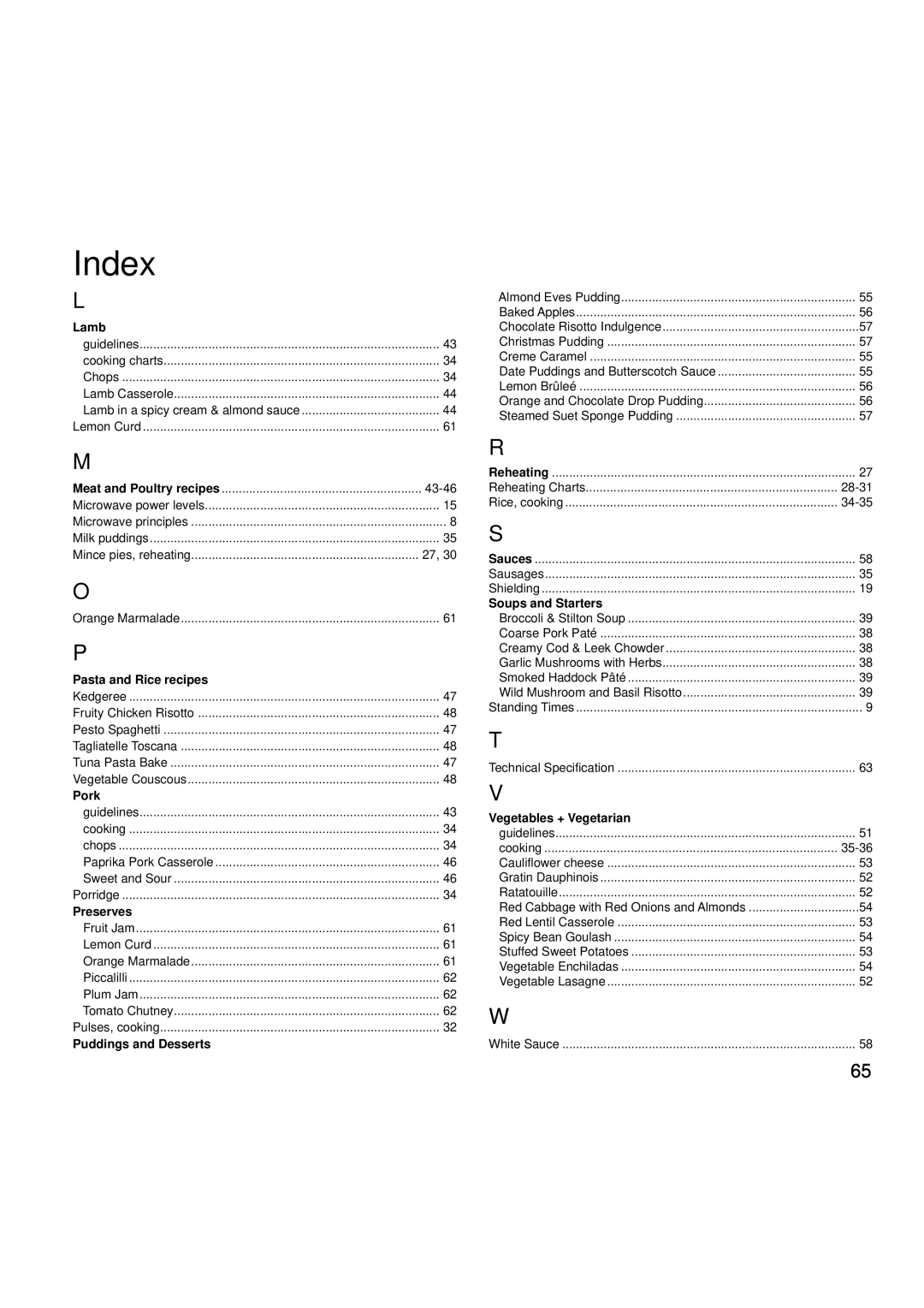 Creda MBO55 Index, Lamb, Pasta and Rice recipes, Pork, Preserves, Puddings and Desserts, Soups and Starters, 28-31, 34-35 