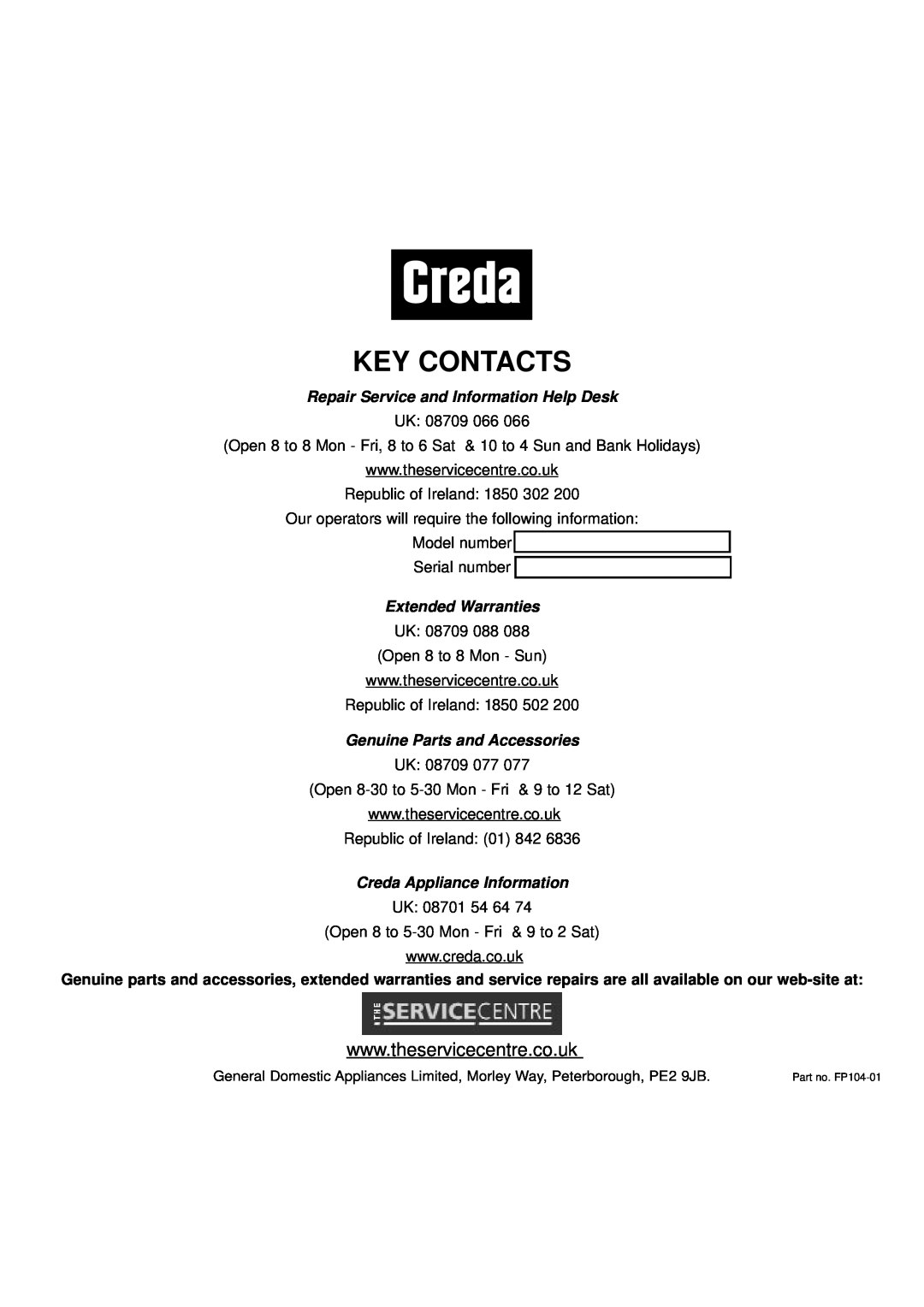 Creda MBO55 manual Key Contacts, Creda Appliance Information, Repair Service and Information Help Desk, Extended Warranties 