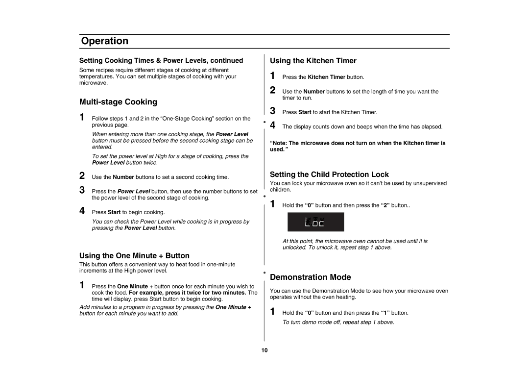 Creda MR1034 owner manual Multi-stage Cooking, Demonstration Mode, Using the One Minute + Button, Using the Kitchen Timer 