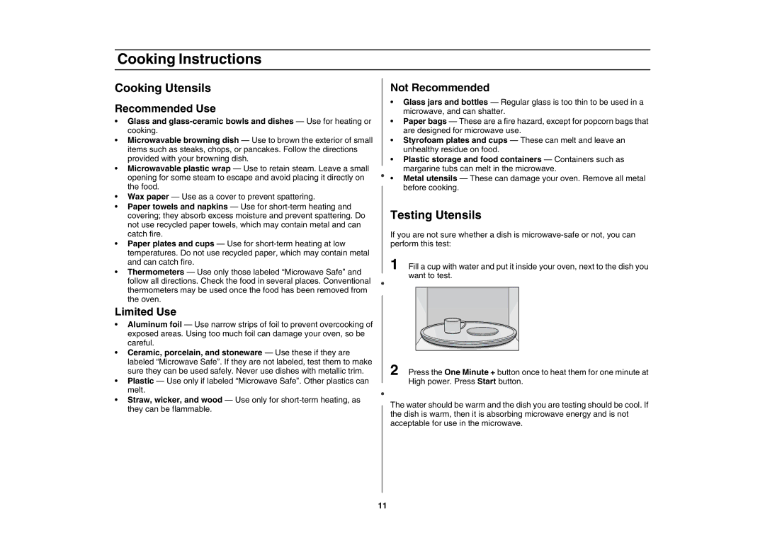 Creda MR1034 owner manual Cooking Instructions, Cooking Utensils, Testing Utensils 