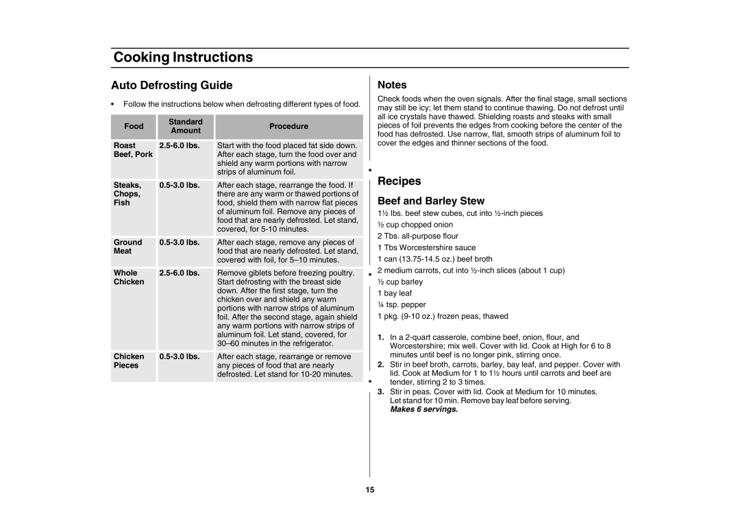 Creda MR1034 owner manual Auto Defrosting Guide, Recipes, Beef and Barley Stew 