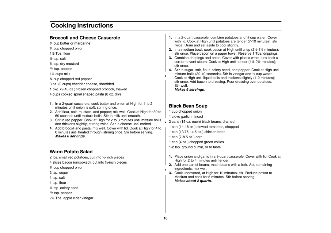 Creda MR1034 owner manual Broccoli and Cheese Casserole, Warm Potato Salad, Black Bean Soup 