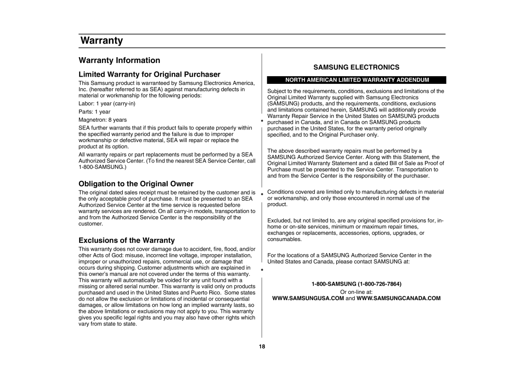 Creda MR1034 Warranty Information, Limited Warranty for Original Purchaser, Obligation to the Original Owner 