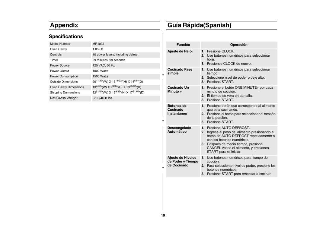 Creda MR1034 owner manual Appendix Guía RápidaSpanish, Specifications 