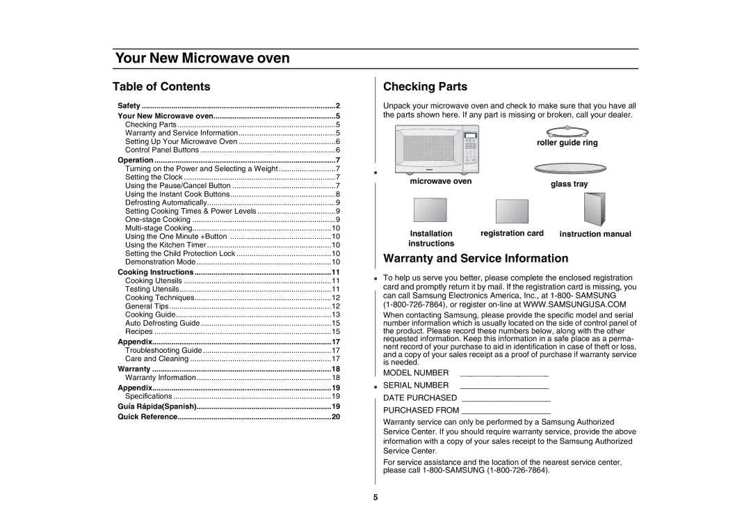 Creda MR1034 owner manual Your New Microwave oven, Table of Contents, Checking Parts, Warranty and Service Information 