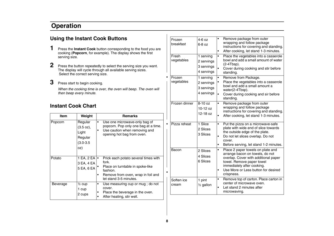 Creda MR1034 owner manual Using the Instant Cook Buttons, Instant Cook Chart 