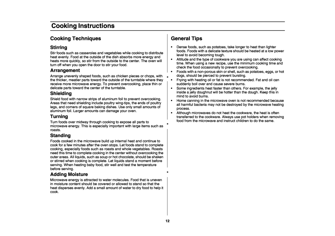 Creda MR1034 Cooking Techniques, General Tips, Stirring, Arrangement, Shielding, Turning, Standing, Adding Moisture 