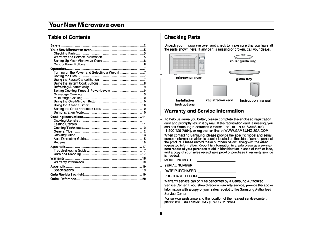 Creda MR1034 owner manual Your New Microwave oven, Table of Contents, Checking Parts, Warranty and Service Information 