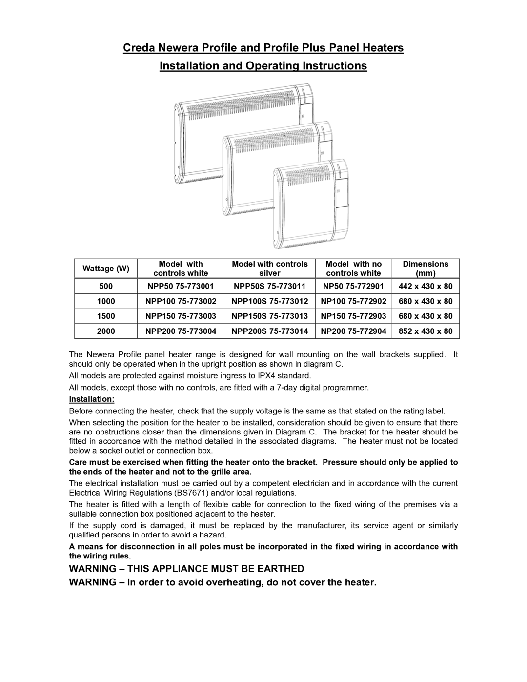 Creda NPP200 75-773004, NPP50S 75-773011, NPP100S 75-773012 dimensions Controls white 500, 1000, 1500, 2000, Installation 