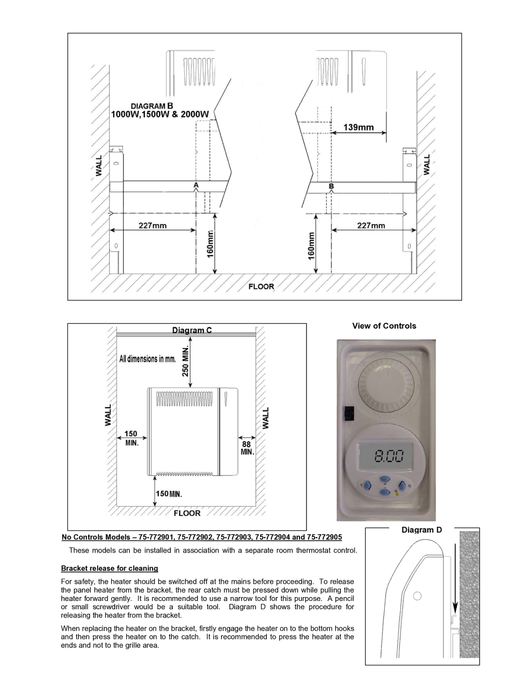 Creda NPP50 75-773001, NPP50S 75-773011, NPP200 75-773004 dimensions View of Controls Diagram D, Bracket release for cleaning 