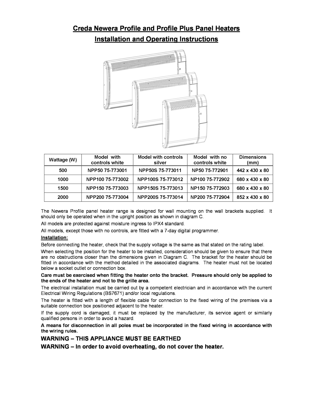 Creda NPP200 75-773004 dimensions Installation and Operating Instructions, Warning - This Appliance Must Be Earthed 