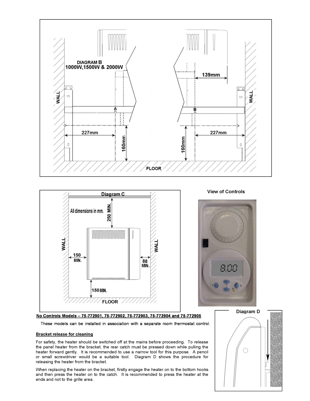 Creda NPP50 75-773001, NPP50S 75-773011, NPP200 75-773004 dimensions View of Controls Diagram D, Bracket release for cleaning 