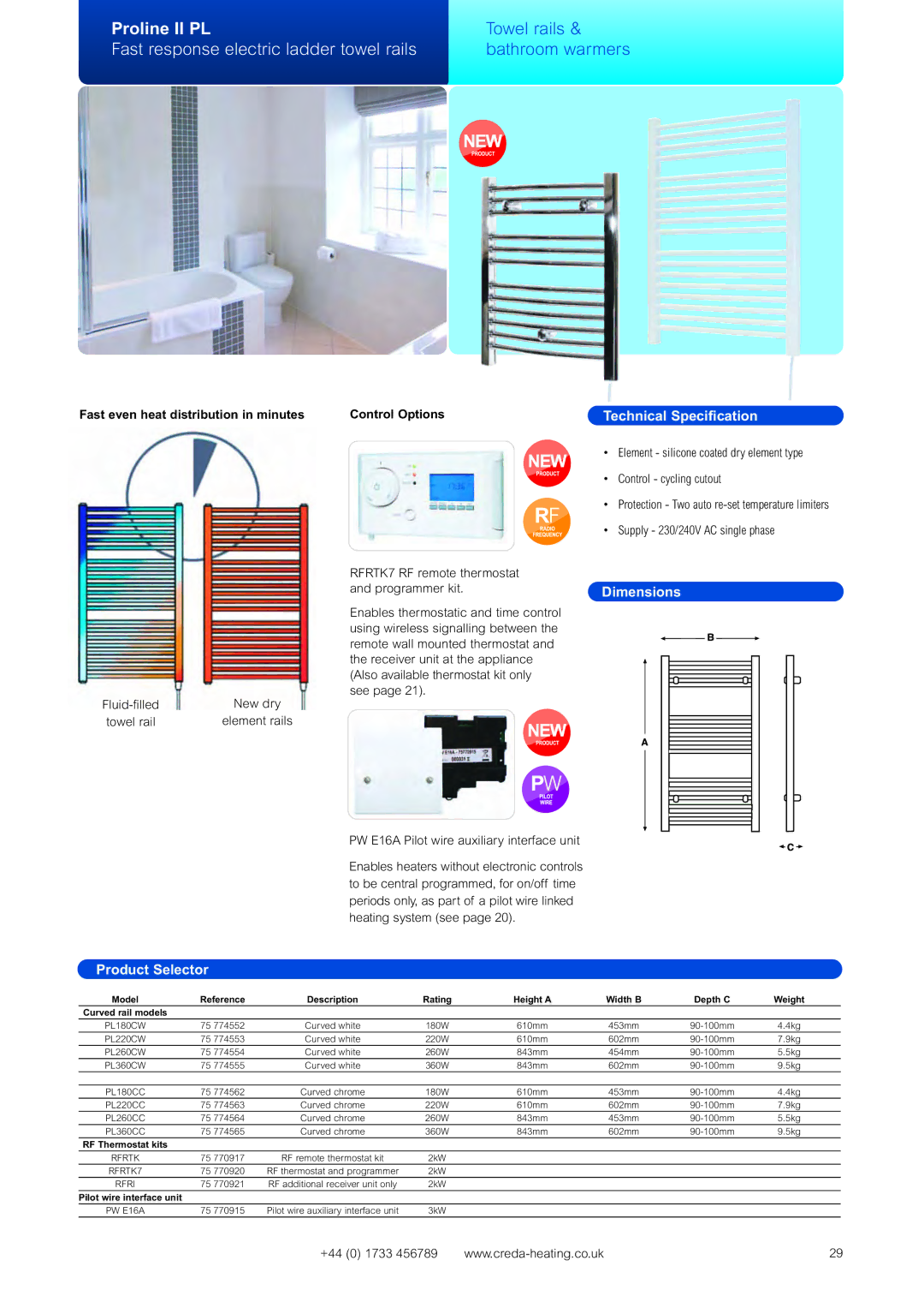 Creda OTRW750 Fast even heat distribution in minutes, Model Reference Description Rating Height a, Curved rail models 