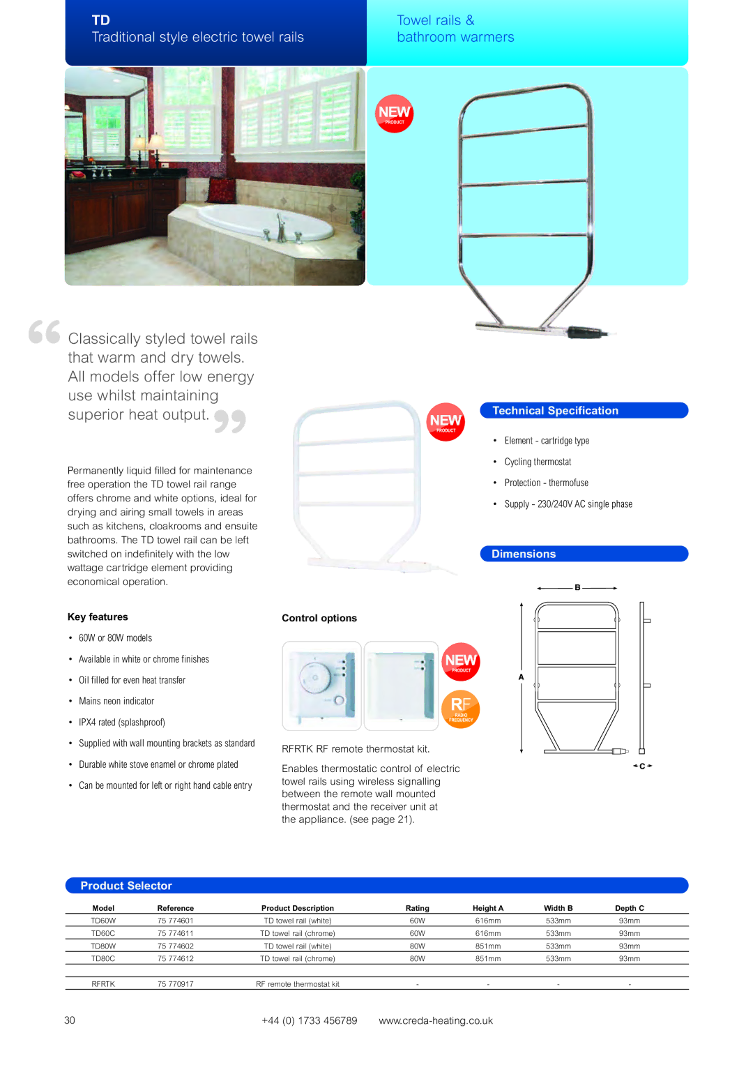Creda PW E4ZC, OTRW500, OTRC300, OTRC500, OTRW750 dimensions Dimensions Product Selector, Control options, TD60C, TD80C, Rfrtk 