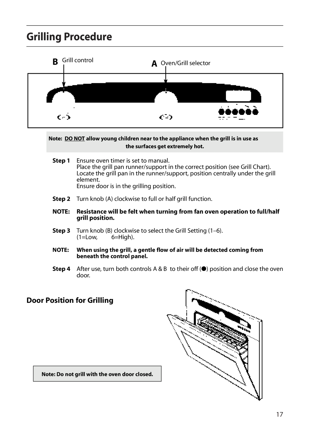 Creda E010E, R010E manual Grilling Procedure, Door Position for Grilling 
