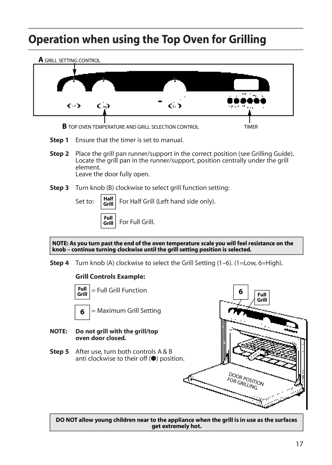 Creda E420E, R420E manual Operation when using the Top Oven for Grilling, Grill Controls Example 