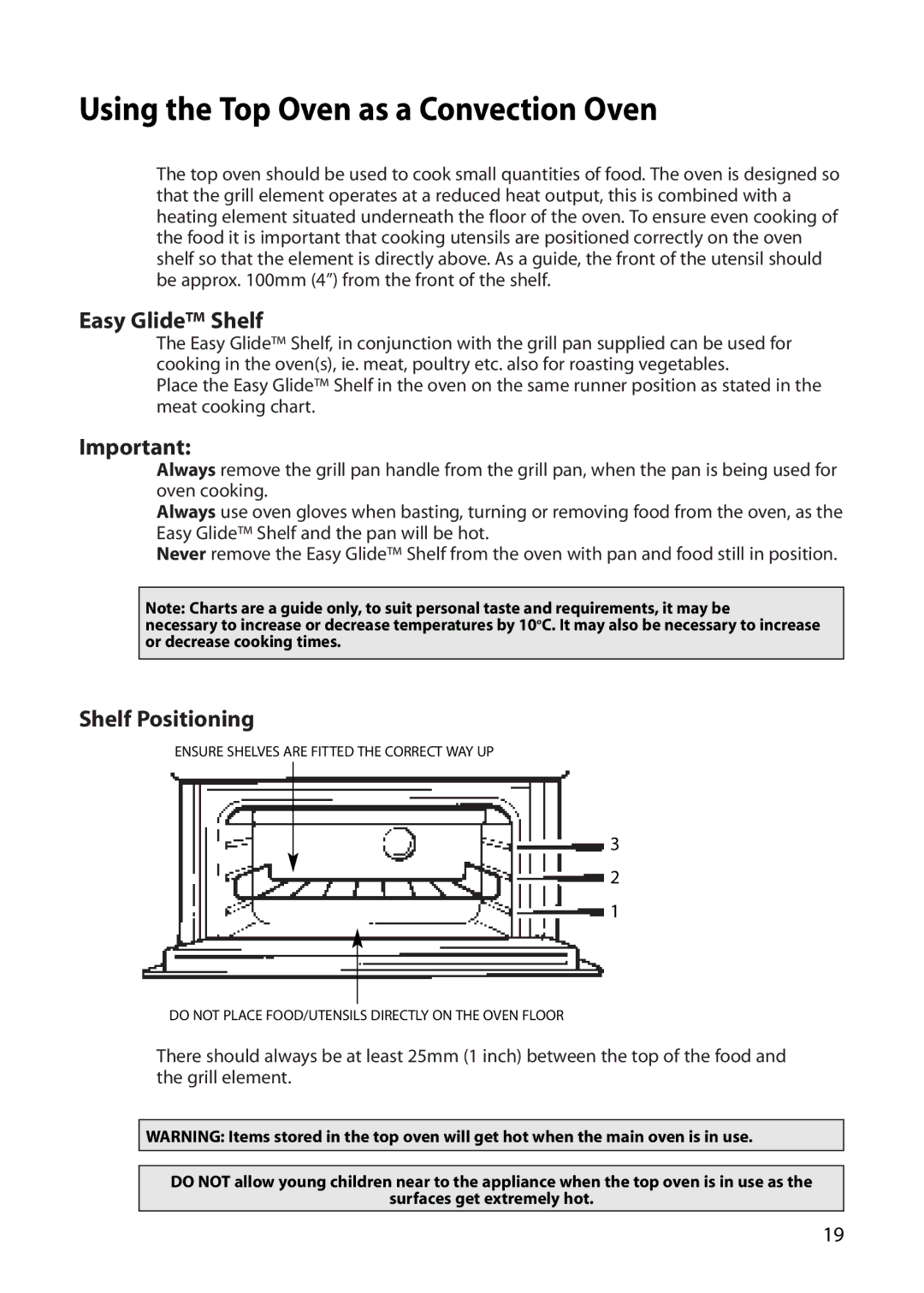 Creda E420E, R420E manual Using the Top Oven as a Convection Oven, Easy Glide Shelf, Shelf Positioning 