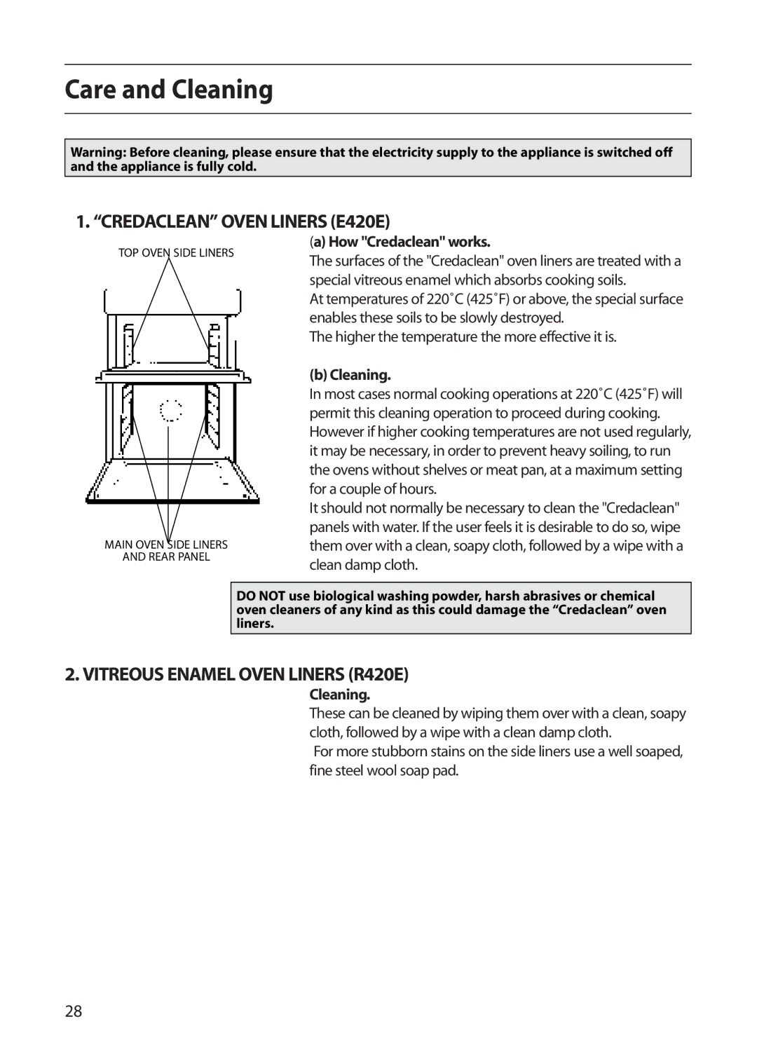 Creda manual Care and Cleaning, Credaclean Oven Liners E420E, Vitreous Enamel Oven Liners R420E, How Credaclean works 