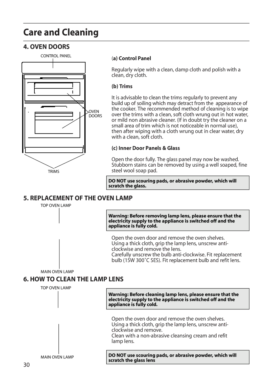 Creda R420E, E420E manual Oven Doors, Replacement of the Oven Lamp, HOW to Clean the Lamp Lens 